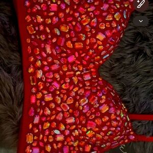 Red Gemstone Embellished Bra